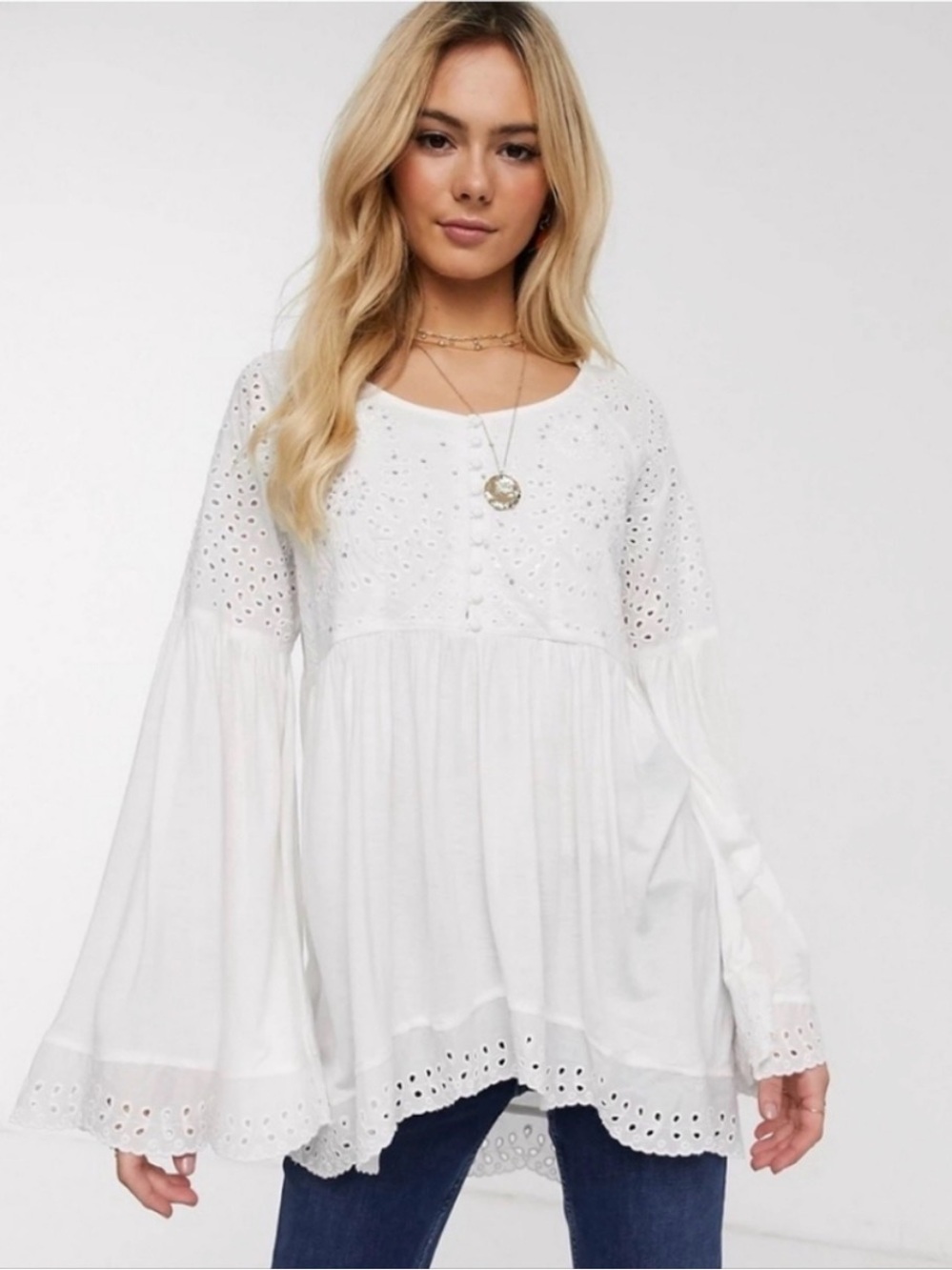 Free People Ivory Sea Of Love bell sleeve tunic top